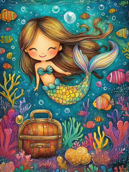 Illustratie van zeemeermin in onderwaterwereld met koraal, vissen en schatkist  
