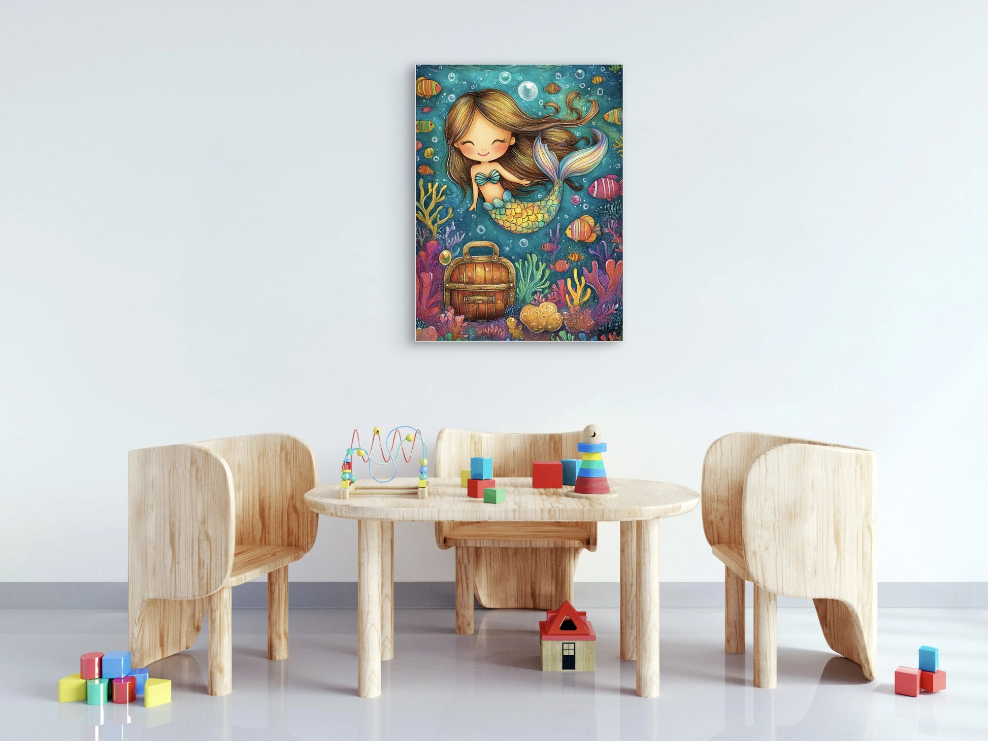 Zeemeermin Mia zweeft tussen kleurrijk koraal en nieuwsgierige vissen, met een schatkist vol geheimen aan haar zijde. Een vrolijk onderwaterverhaal dat de kinderkamer betovert met fantasie en kleur.  
