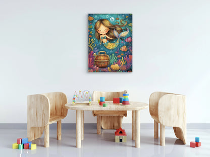 Zeemeermin Mia zweeft tussen kleurrijk koraal en nieuwsgierige vissen, met een schatkist vol geheimen aan haar zijde. Een vrolijk onderwaterverhaal dat de kinderkamer betovert met fantasie en kleur.  
