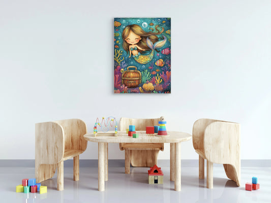 Zeemeermin Mia zweeft tussen kleurrijk koraal en nieuwsgierige vissen, met een schatkist vol geheimen aan haar zijde. Een vrolijk onderwaterverhaal dat de kinderkamer betovert met fantasie en kleur.  
