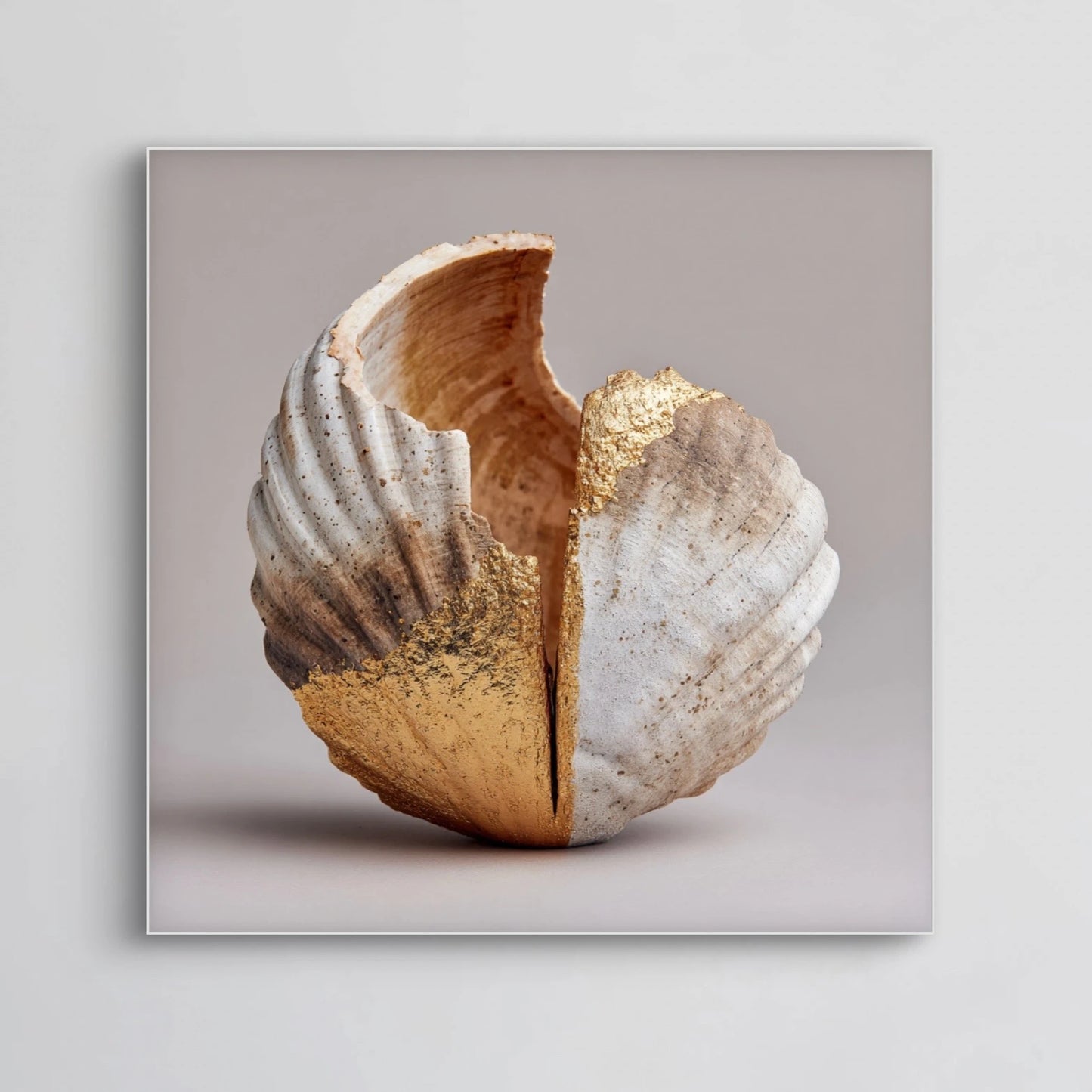 Detailopname van kunstwerk Ziel van Goud met gebroken schelp en gouden accenten 
