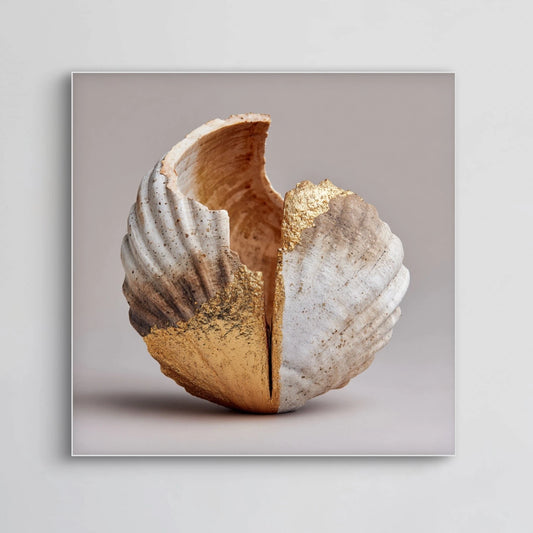 Detailopname van kunstwerk Ziel van Goud met gebroken schelp en gouden accenten 

