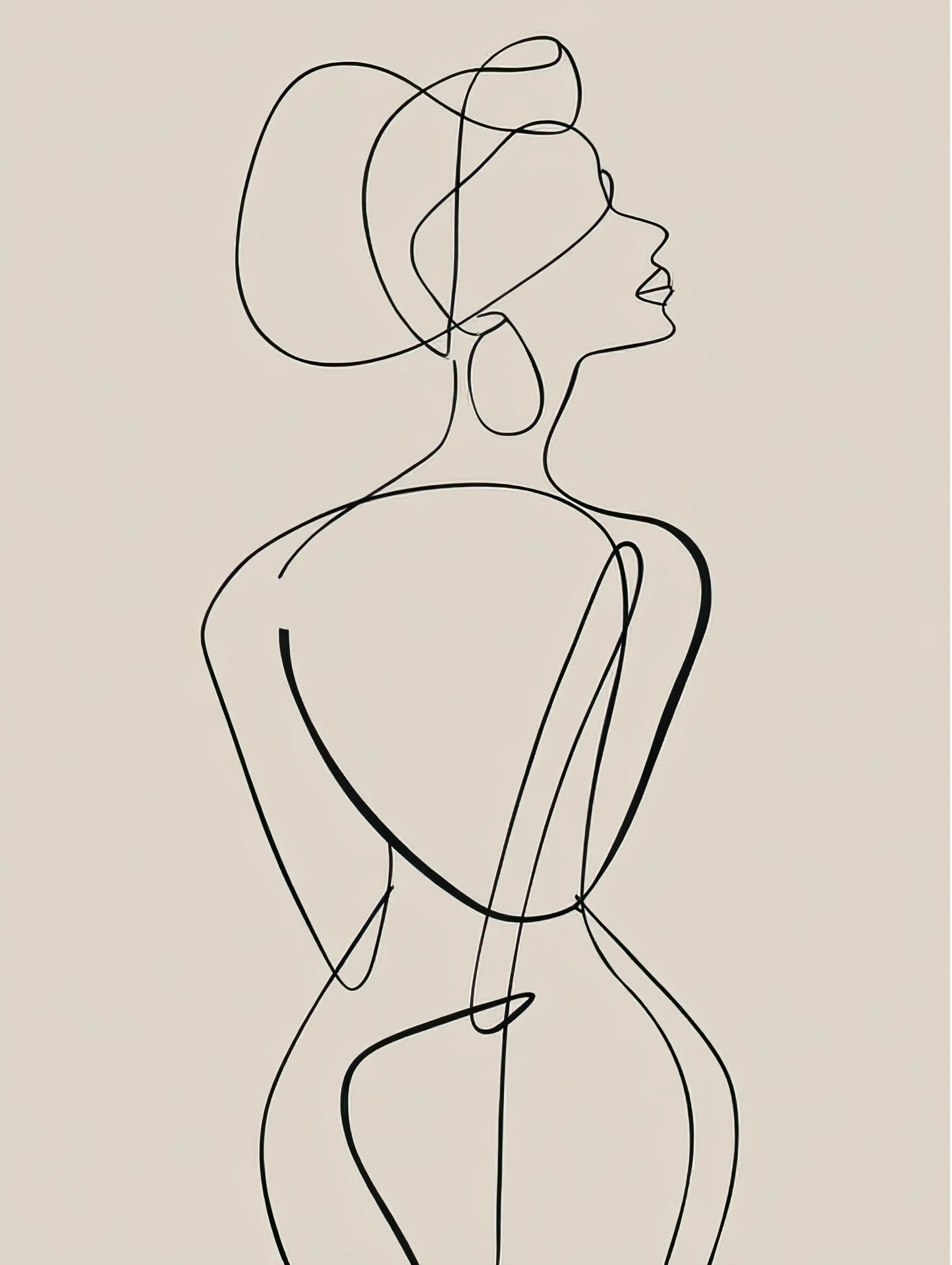 Volledig textielkunstwerk met abstracte lijntekening van een vrouw in zwart op lichte achtergrond
