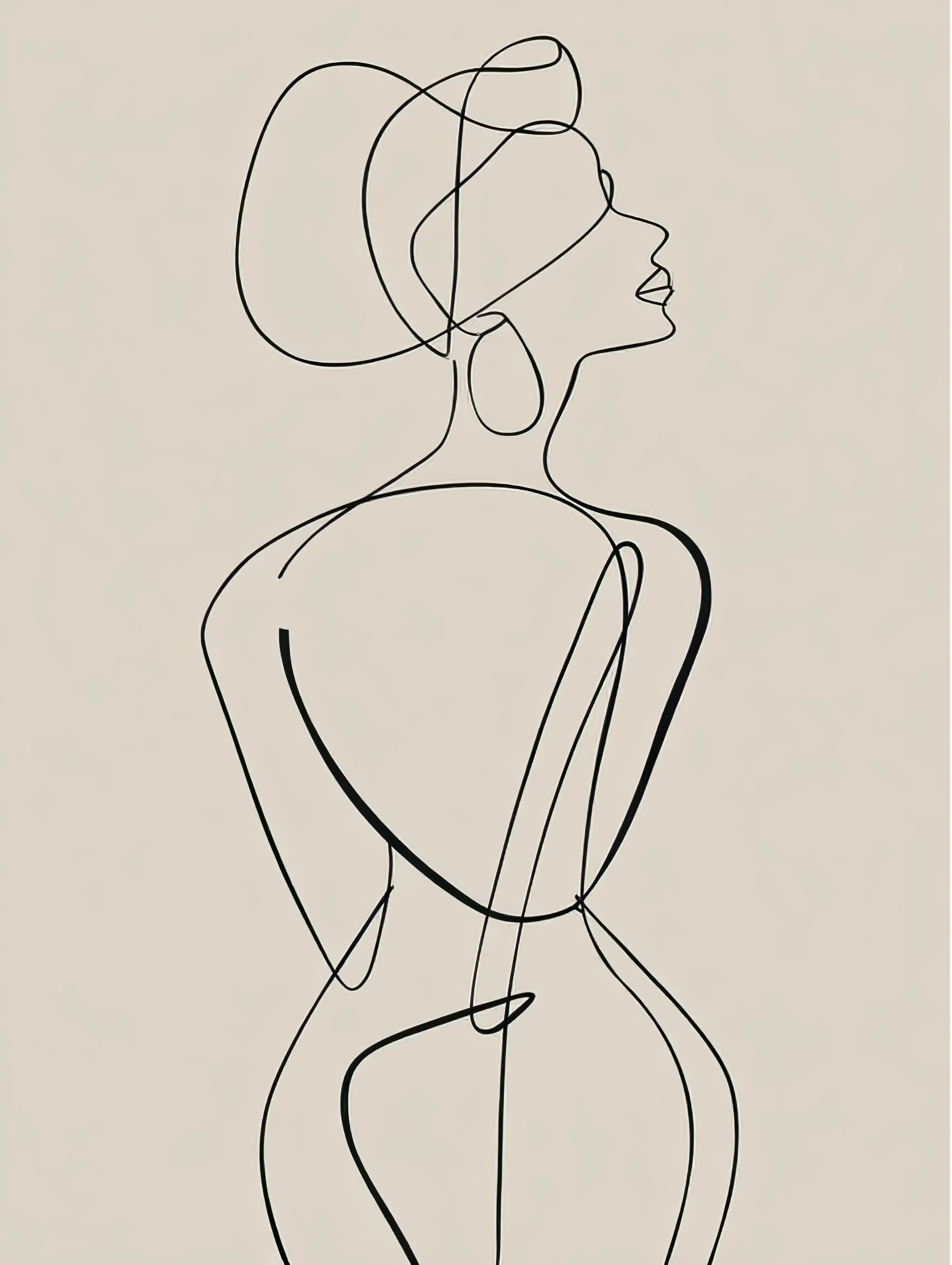 Volledig textielkunstwerk met abstracte lijntekening van een vrouw in zwart op lichte achtergrond
