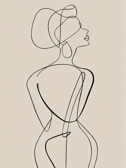 Volledig textielkunstwerk met abstracte lijntekening van een vrouw in zwart op lichte achtergrond
