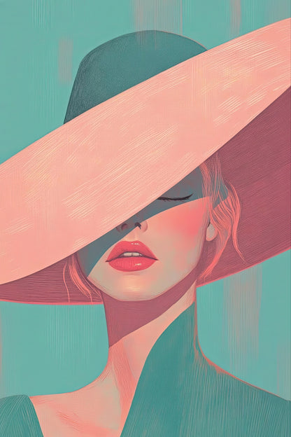 Volledige weergave van Zij die zich niet laat lezen, vrouw met grote hoed in roze en turquoise tonen
