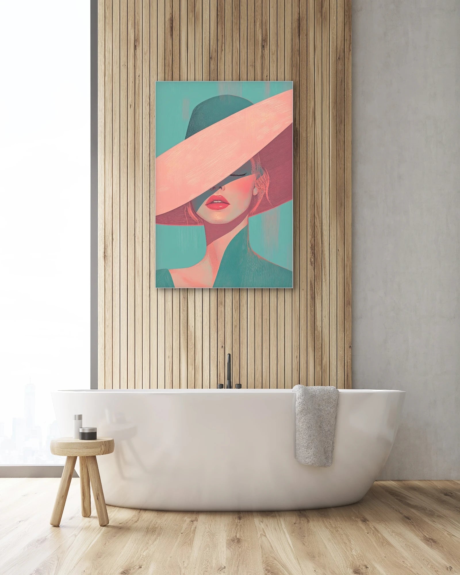 Textielkunstwerk Zij die zich niet laat lezen boven een vrijstaand bad in een houten badkamer
