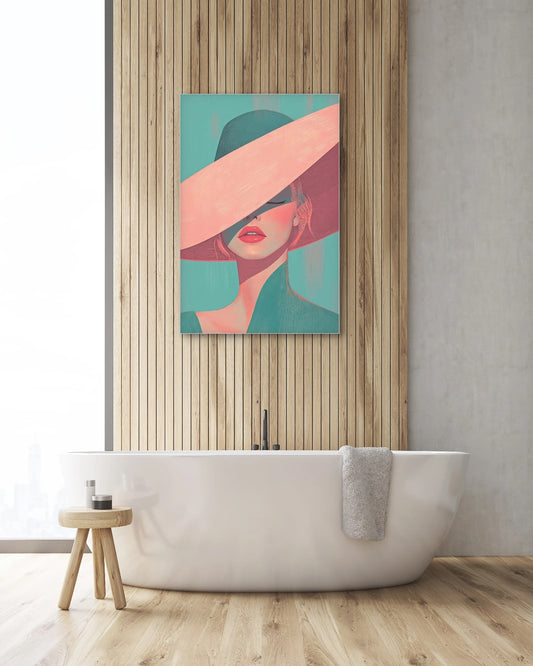 Textielkunstwerk Zij die zich niet laat lezen boven een vrijstaand bad in een houten badkamer
