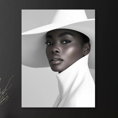 Detail van Zij is stijl met vrouw in witte hoed en hoge kraag
