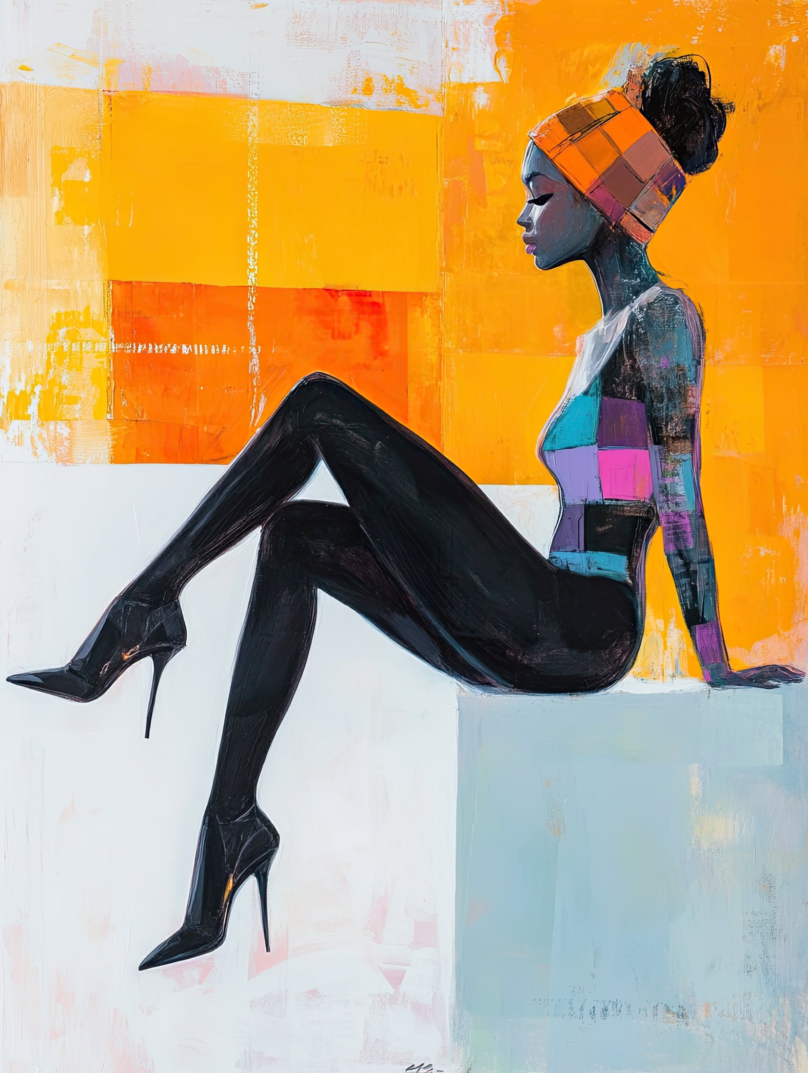 Volledige weergave van Zijlijn van zonlicht, abstracte vrouw zittend in profiel
