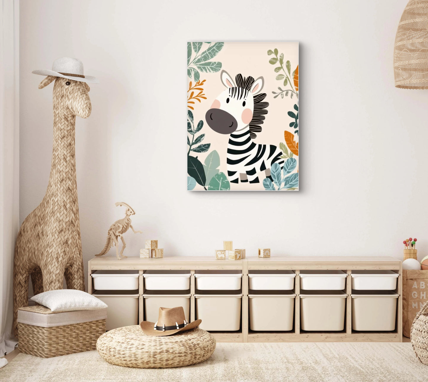 Kinderkamer met kleurrijk kunstwerk van een zebra tussen bladeren en jungleplanten  
