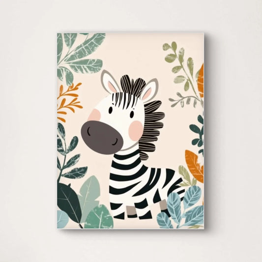 Detail van Zinzi de Zebra met grote ogen en junglebladeren in zachte kleuren  
