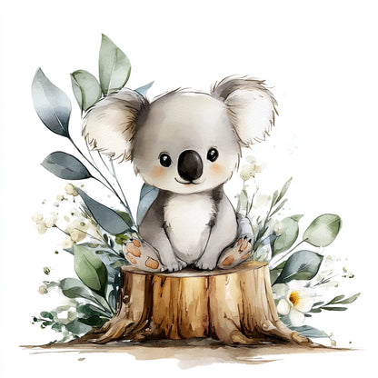 Illustratie van koala op boomstronk met eucalyptusbladeren, witte bloemen en zachte achtergrond  
