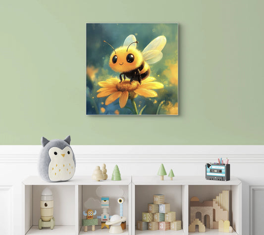 Kinderkamer met kunstwerk van schattige bij op gele bloem in warme lichttinten  
