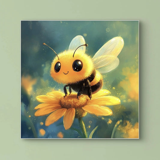 Detail van een glimlachende bij op zonnebloem met glanzende vleugels en zonlicht  
