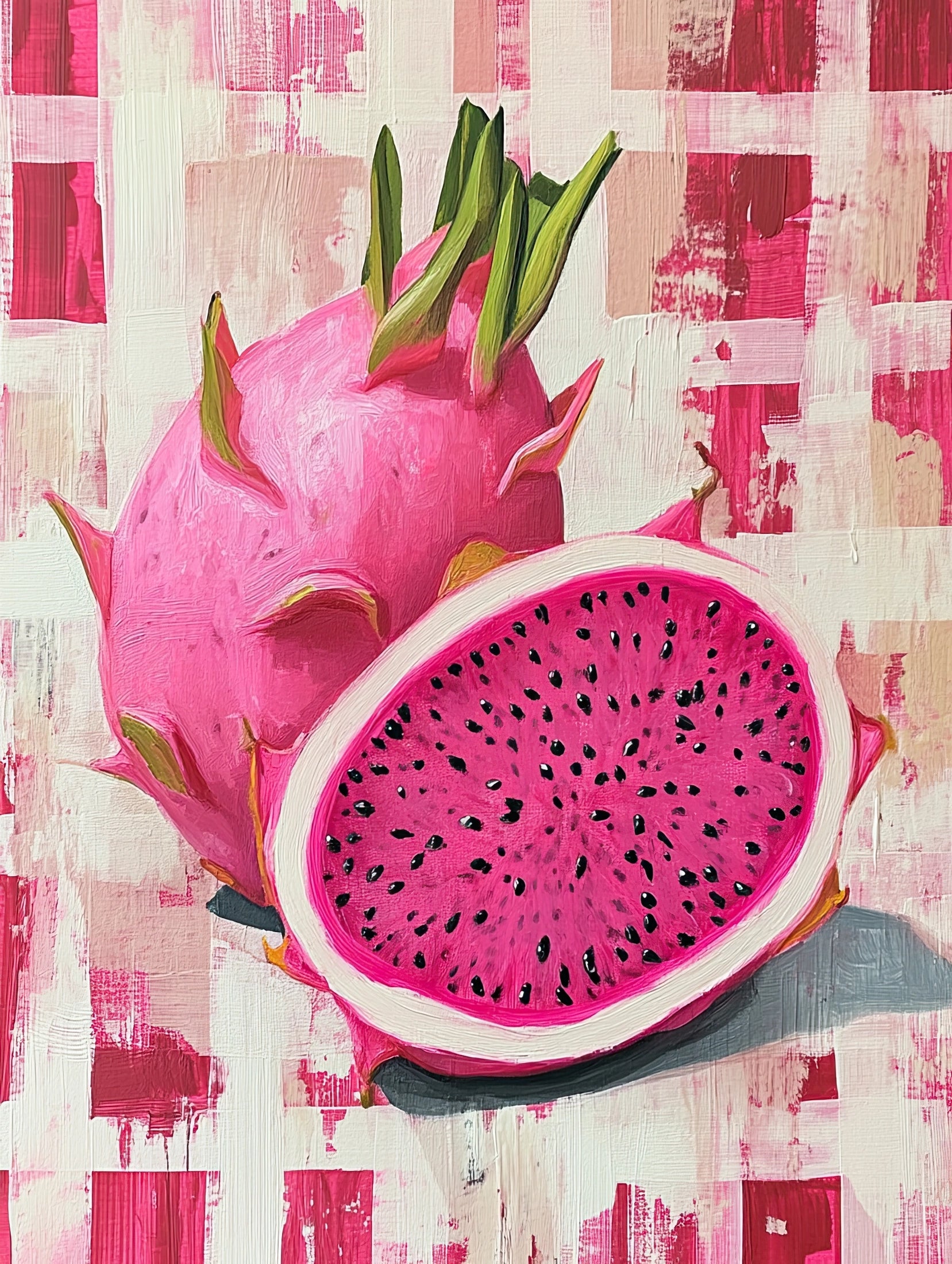 Volledige weergave van het kunstwerk â€œZoet Vuurâ€ met een kleurrijk geschilderde drakenfruit op grafisch geblokte achtergrond
