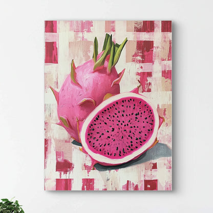 Detail van roze pitaya met zwarte pitjes op een abstract rood-wit geblokte achtergrond uit het kunstwerk â€œZoet Vuurâ€
