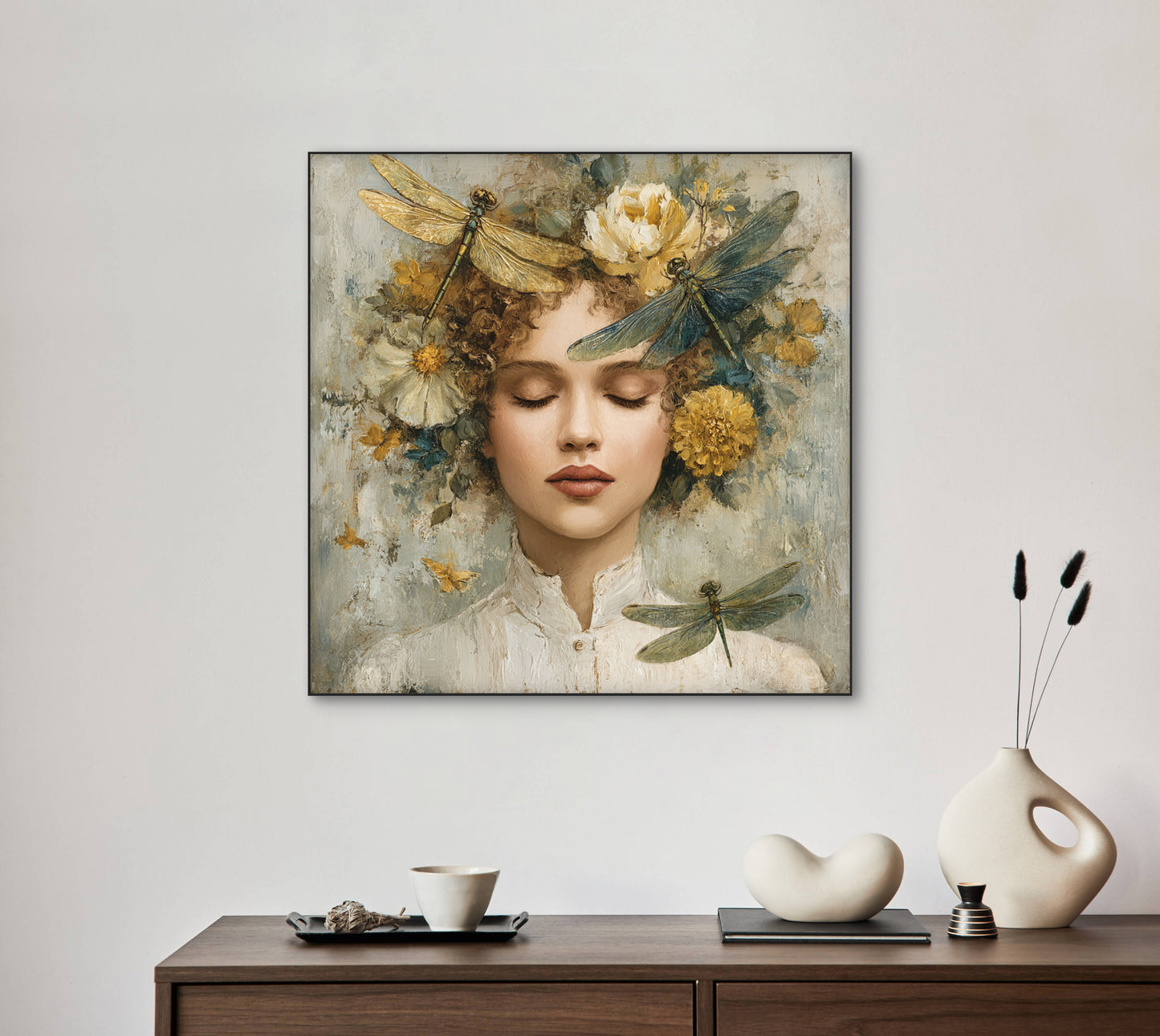 Kunstwerk Zomeradem boven houten kast met keramische vazen in natuurlijk interieur
