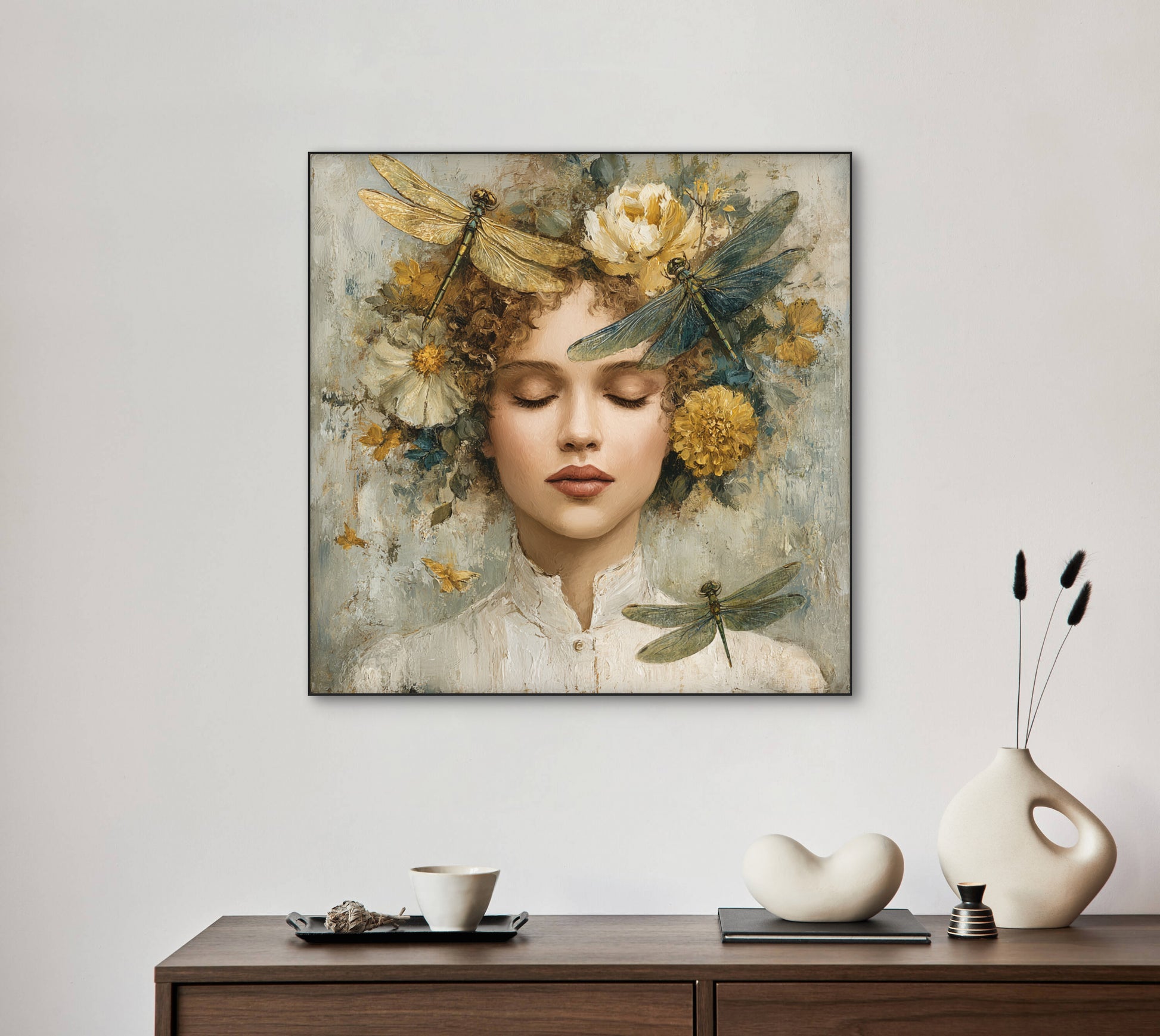 Kunstwerk Zomeradem boven houten kast met keramische vazen in natuurlijk interieur
