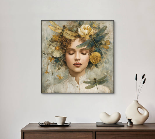 Kunstwerk Zomeradem boven houten kast met keramische vazen in natuurlijk interieur
