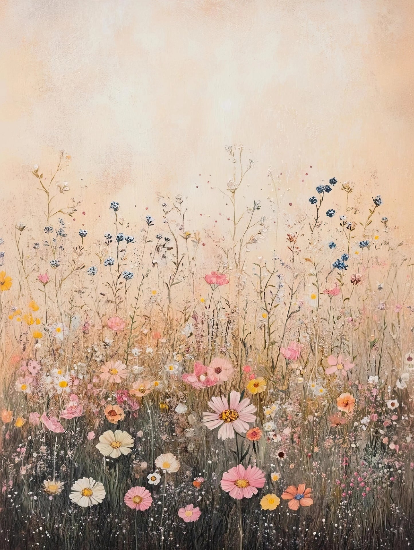 Volledig kunstwerk van een weelderig veld vol wilde bloemen in zachte zomertinten
