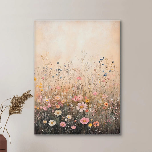 Detail van zomerse bloemen in roze, geel, blauw en wit op een beige achtergrond
