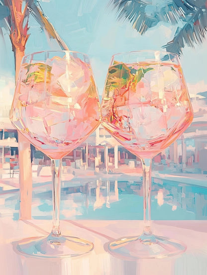Volledige weergave van het kunstwerk “Zomer in een Glas” met twee roze drankjes bij het zwembad en zomerse sfeer

