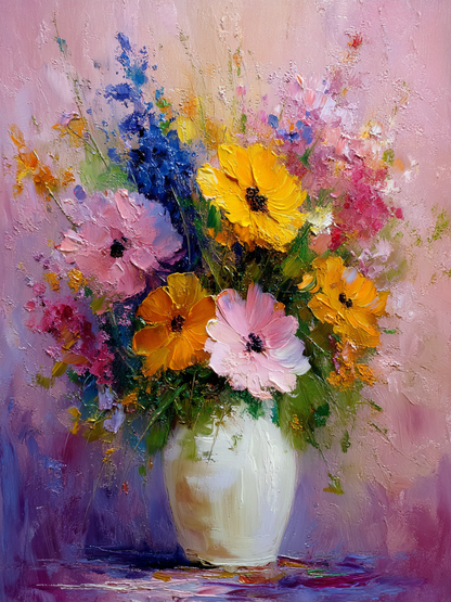 Volledig kunstwerk Zomerse Symfonie met bloemstuk in levendige zomertinten 
