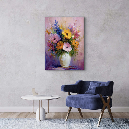 Mock-up van kunstwerk Zomerse Symfonie aan de muur boven moderne stoel en marmeren tafel 
