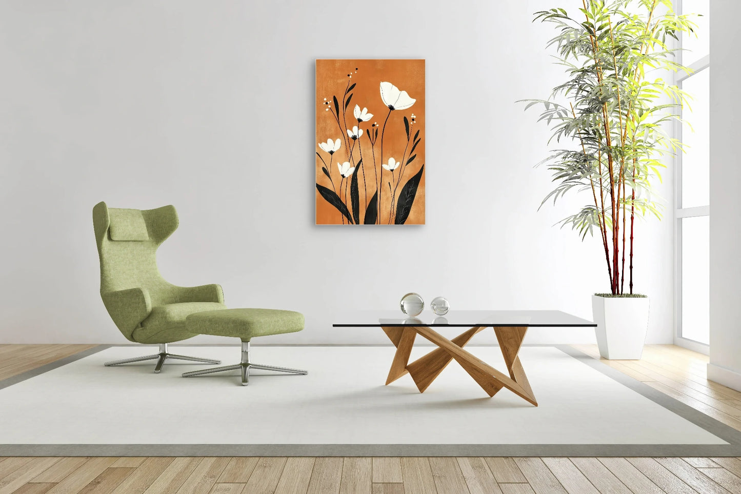 Kunstwerk met witte bloemen op oranje achtergrond boven modern interieur met groene designstoel
