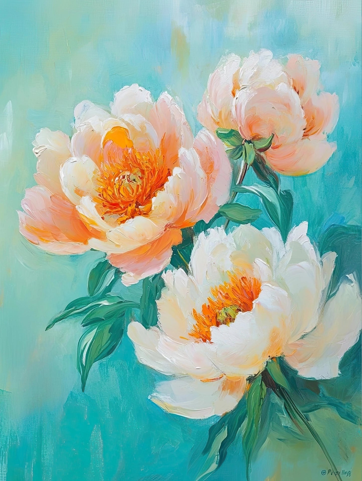 Volledig kunstwerk van drie geschilderde pioenen in zomerse kleuren op een zachte, frisse achtergrond
