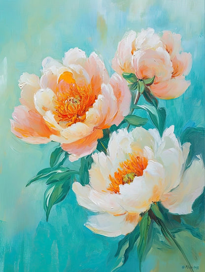 Volledig kunstwerk van drie geschilderde pioenen in zomerse kleuren op een zachte, frisse achtergrond
