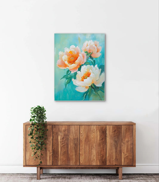 Zomerzang van de Pioenen als wanddecoratie boven houten kast in lichte minimalistische kamer
