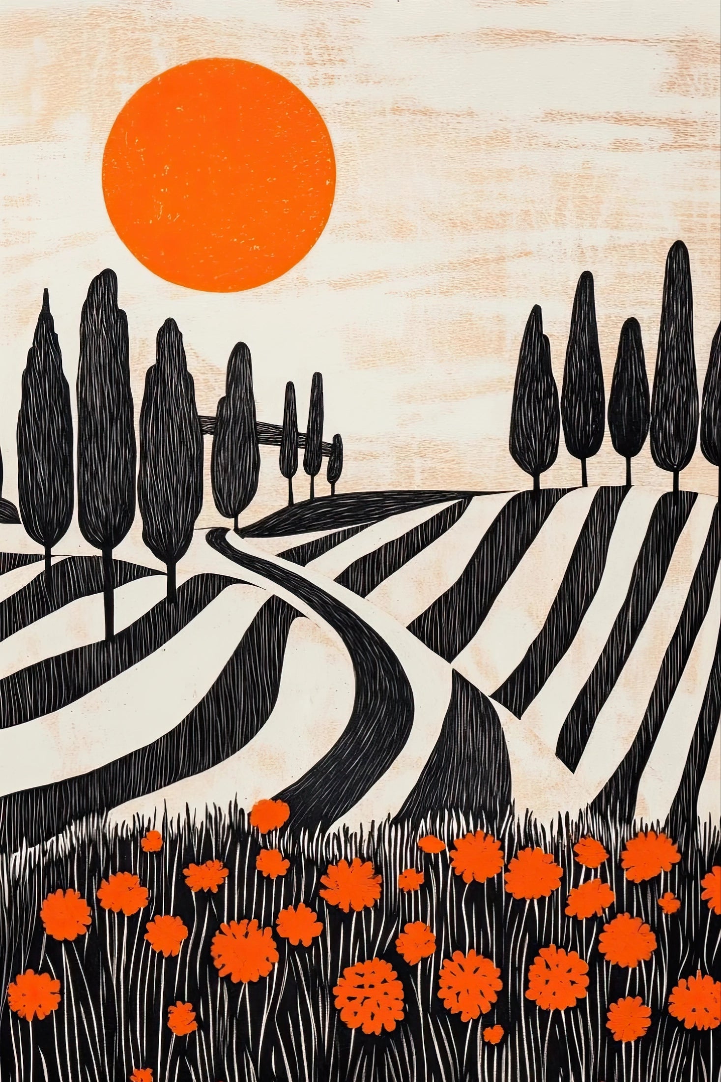 Volledig grafisch kunstwerk met zwarte en witte landschapslijnen, oranje bloemen en zon
