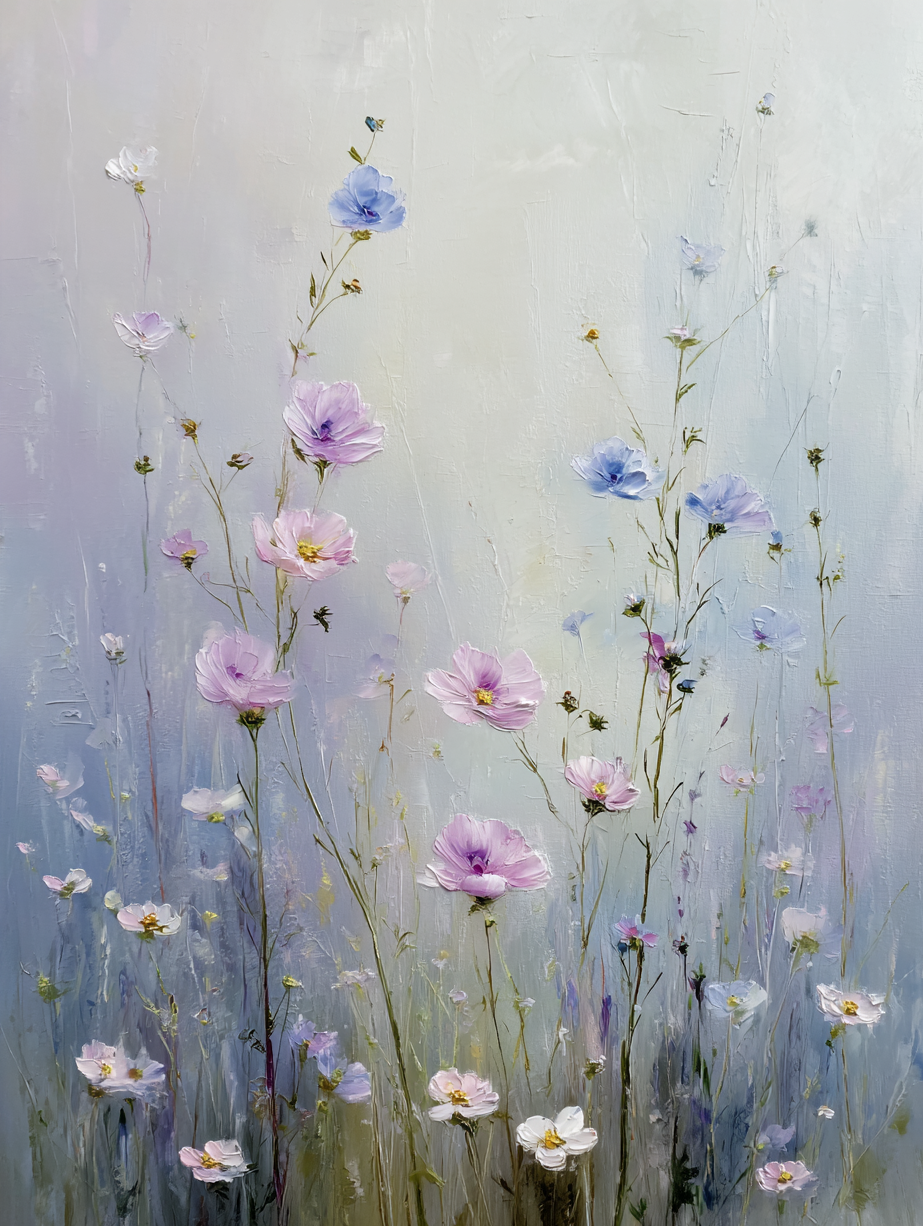 Bloemrijk wandkunstwerk in blauwe, roze en witte tinten met zomerse en dromerige sfeer
