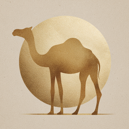 Minimalistisch kunstwerk met gouden kameel voor ronde zon, op beige achtergrond  
