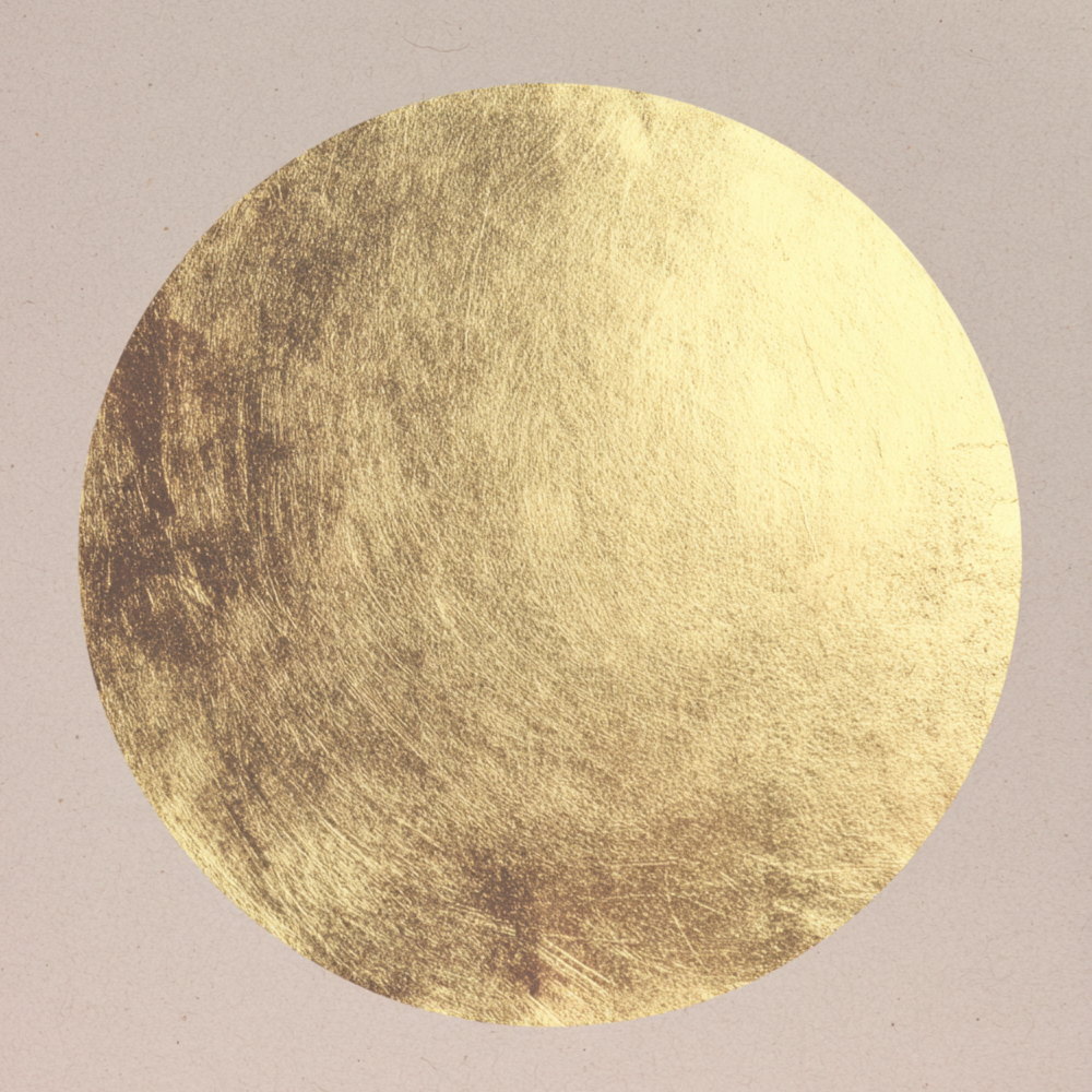 Abstract kunstwerk Zonklank met gouden ronde vorm op neutrale achtergrond.
