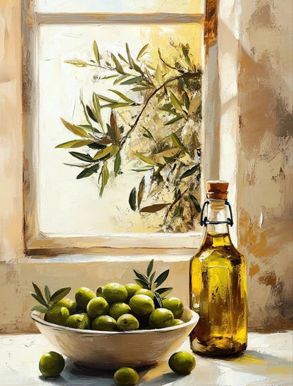 Volledige weergave van “Zonlicht & Olijven” met venster, olijftak, schaal en fles in warme tinten
