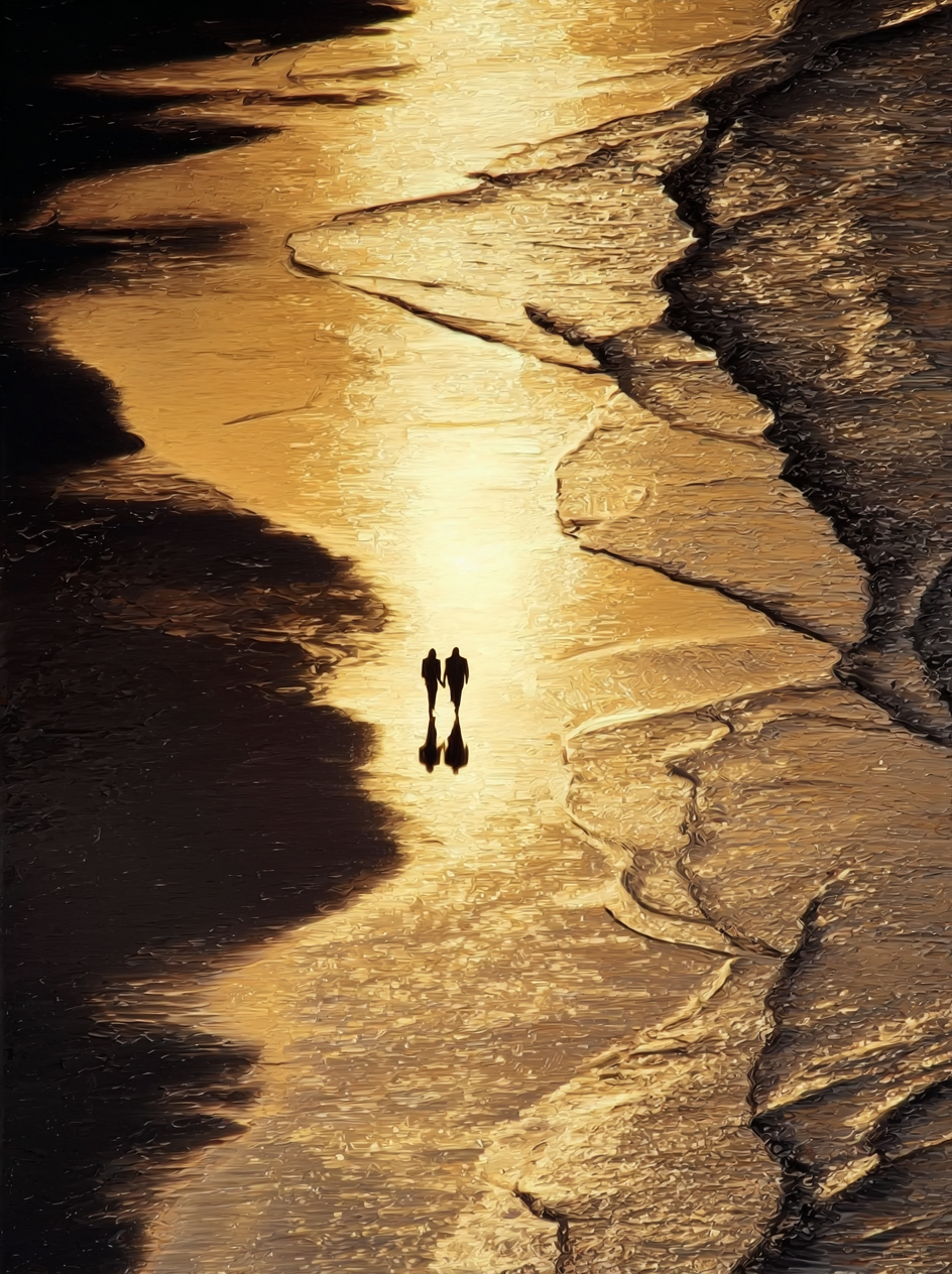 Fotografisch wandkunstwerk met twee figuren aan zee in gouden licht en donkere schaduwen
