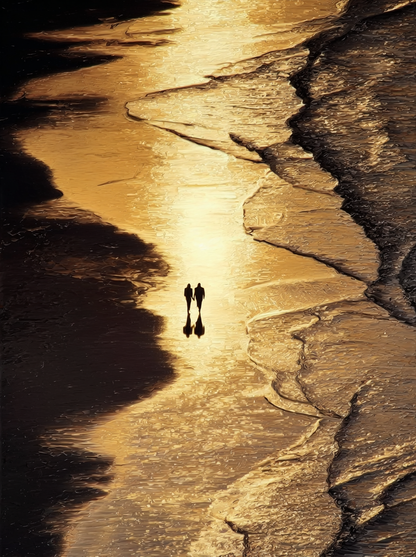Fotografisch wandkunstwerk met twee figuren aan zee in gouden licht en donkere schaduwen
