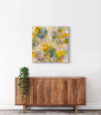 Mock-up van kunstwerk Zonneblad aan de muur boven houten dressoir met hangplant 
