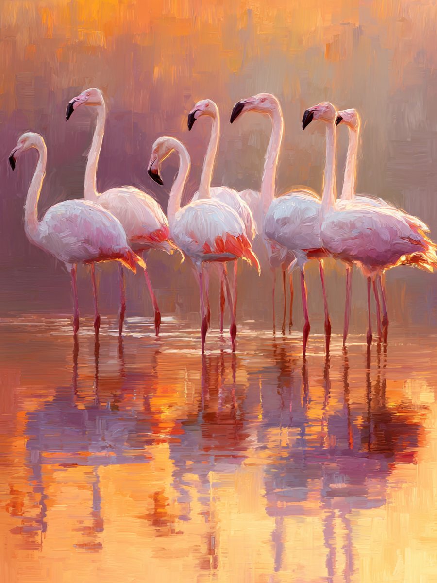Volledige weergave van Zonnegloed met flamingo’s en reflectie in het water  
