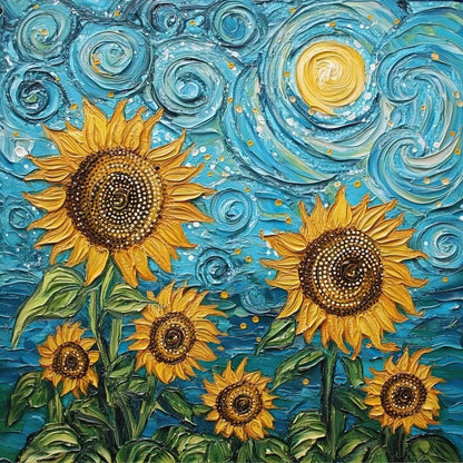 Volledig kunstwerk met zonnebloemen tegen een dynamische blauwe lucht vol cirkelvormige lijnen
