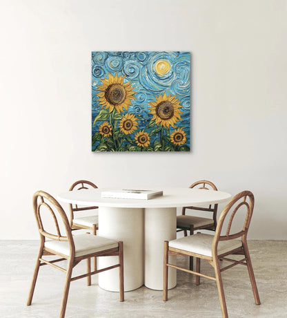 Zonnegloed als wanddecoratie boven ronde eettafel met houten stoelen in lichte ruimte
