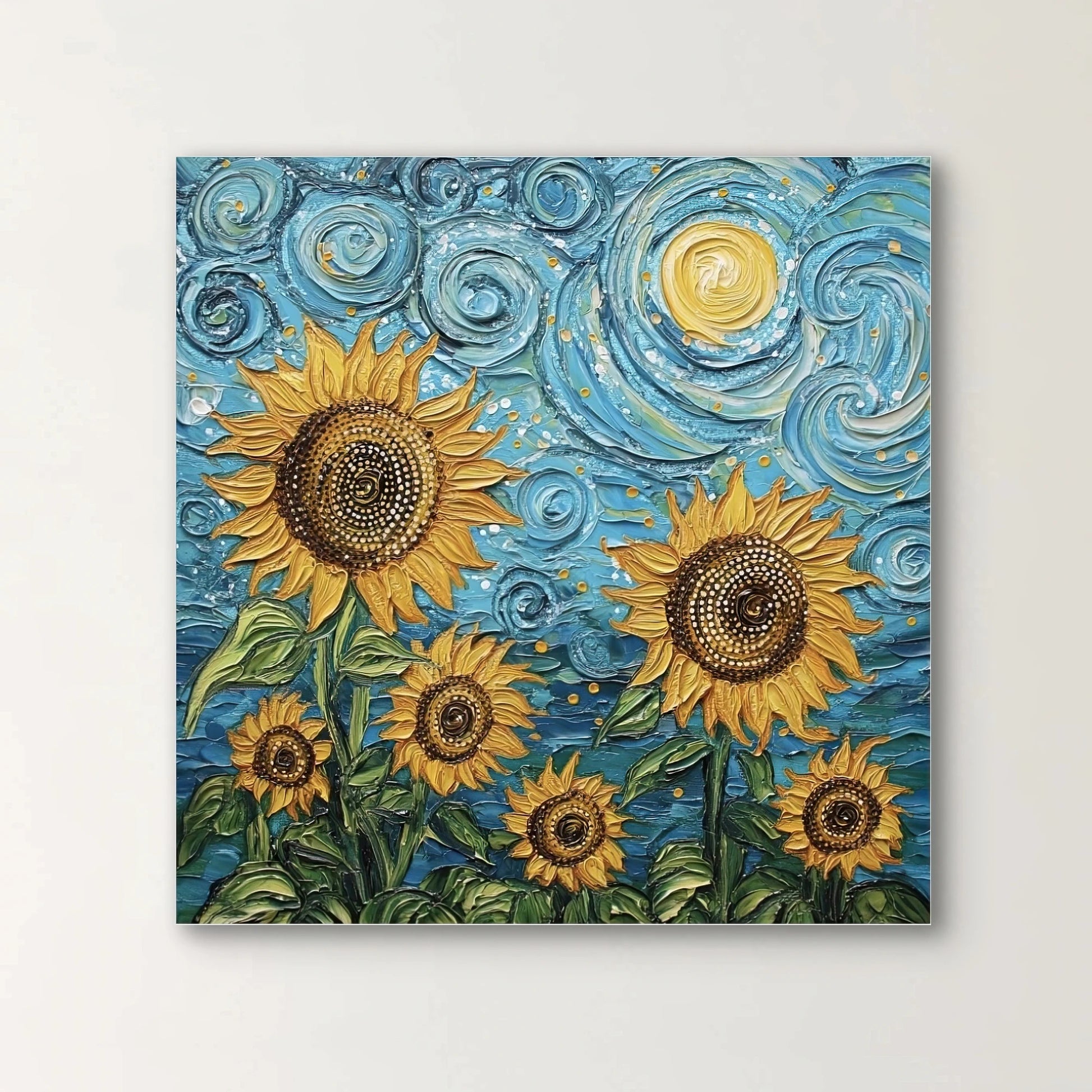 Detail van zonnebloemen met dikke penseelstreken en expressieve textuur
