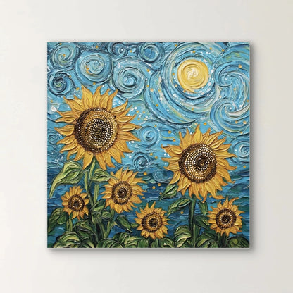 Detail van zonnebloemen met dikke penseelstreken en expressieve textuur
