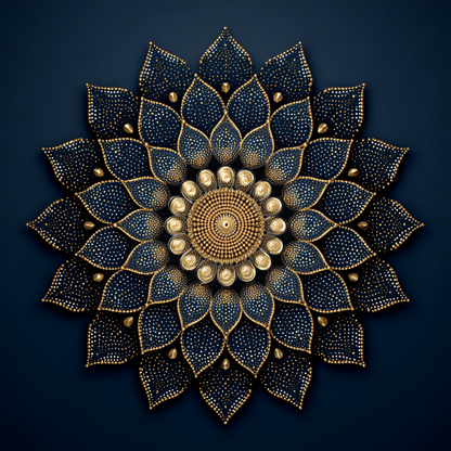 Kunstwerk Zonnehart met gouden bloemstructuur en symmetrisch patroon op een donkerblauwe achtergrond.
