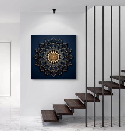 Textielkunstwerk Zonnehart aan een witte wand boven een houten trap in een modern interieur.
