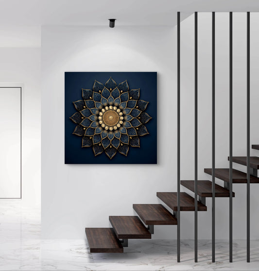 Textielkunstwerk Zonnehart aan een witte wand boven een houten trap in een modern interieur.
