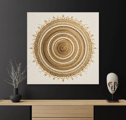 Kunstwerk Zonnekroon boven een houten dressoir met zwarte muur en minimalistische decoratie.
